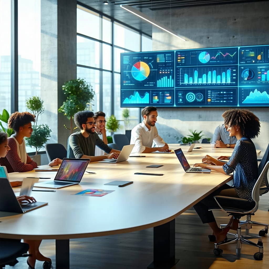 The image depicts a modern sleek office environment infused with technology In the foreground a diverse group of professionals collaborates around a large oval table equipped with laptops and digital devices Bright natural light streams in through ex